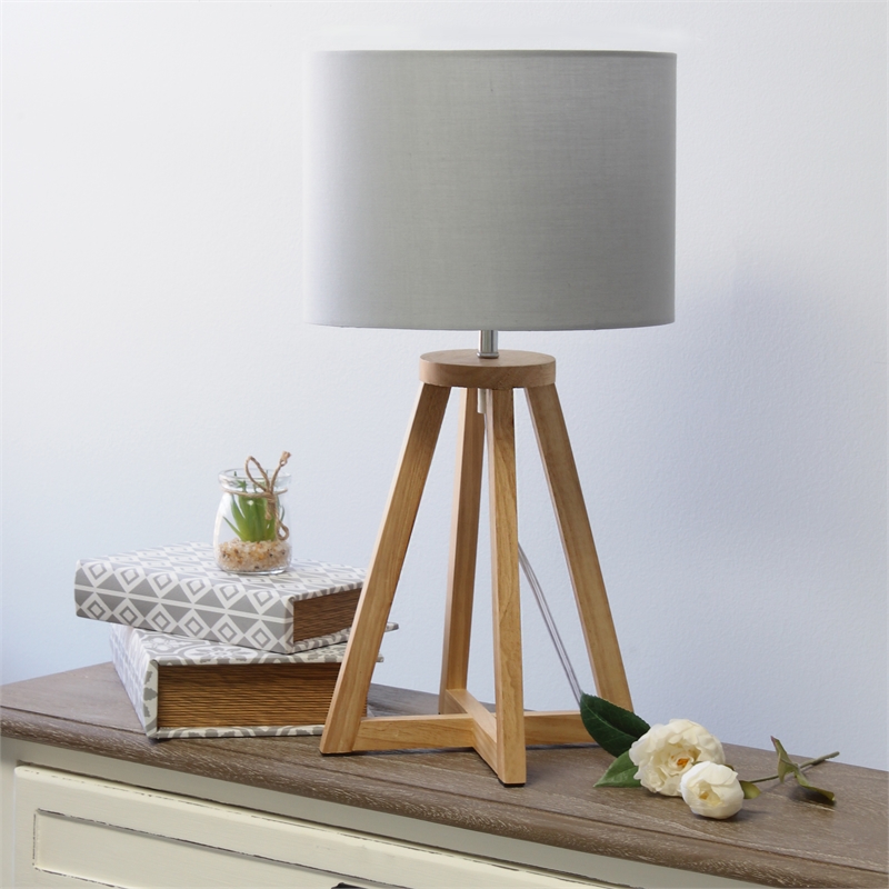 Simple Designs Wood Interlocked Triangle Table Lamp in Natural with Gray Shade