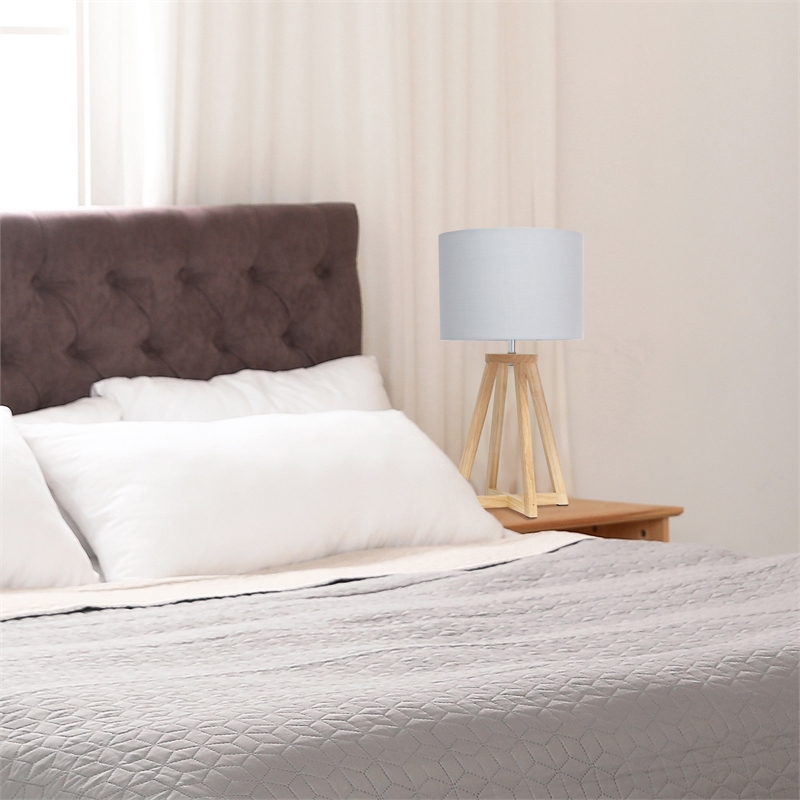 Simple Designs Wood Interlocked Triangle Table Lamp in Natural with Gray Shade