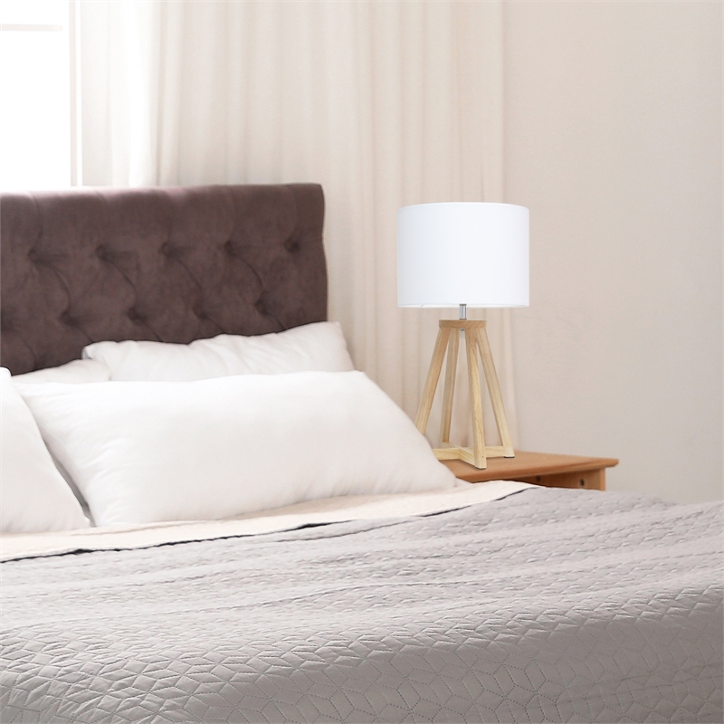 Simple Designs Wood Interlocked Triangle Table Lamp in Natural with White Shade
