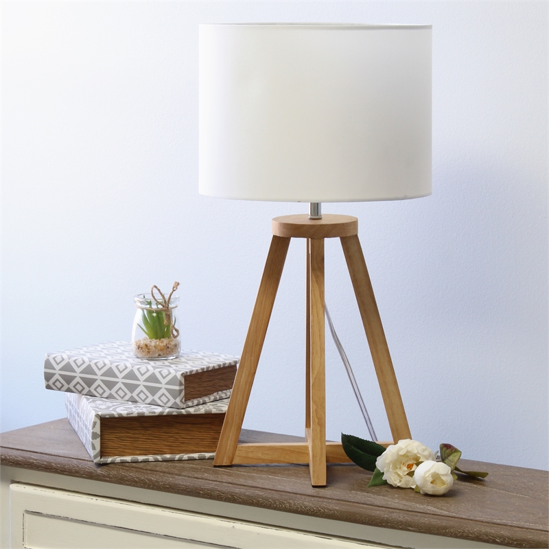 Simple Designs Wood Interlocked Triangle Table Lamp in Natural with White Shade