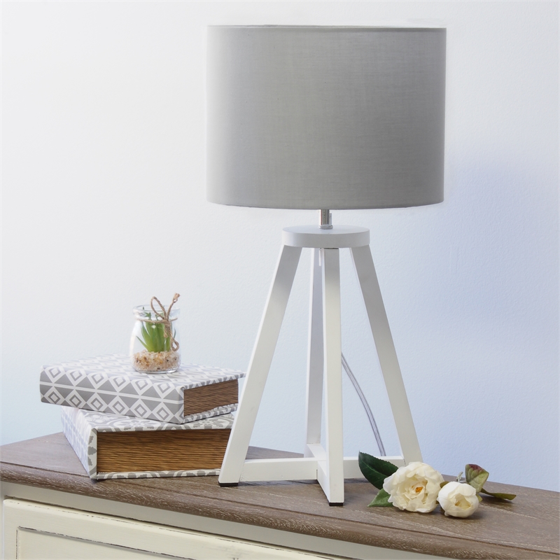 Simple Designs Wood Interlocked Triangle Table Lamp in White with Gray Shade