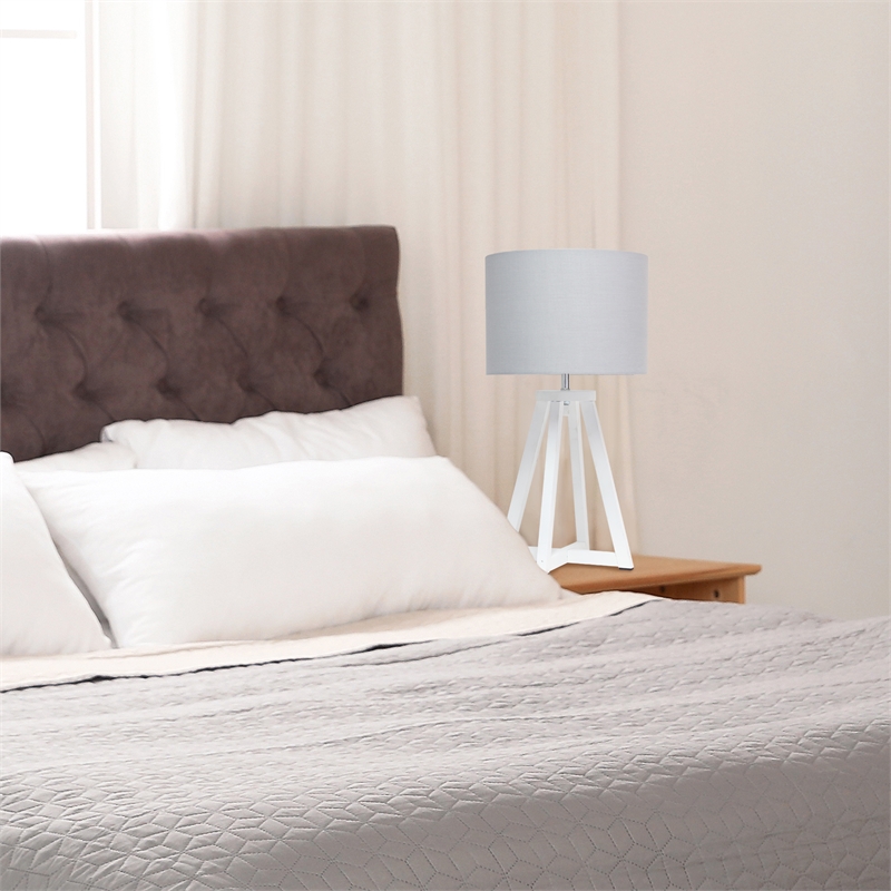 Simple Designs Wood Interlocked Triangle Table Lamp in White with Gray Shade