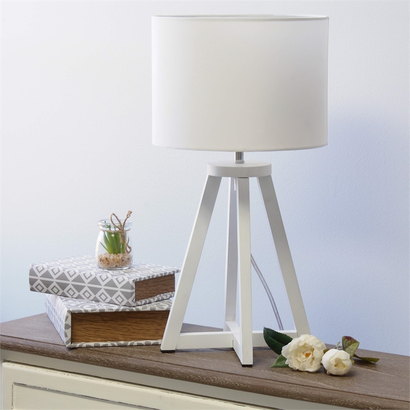 Simple Designs Wood Interlocked Triangle Table Lamp in White with White Shade