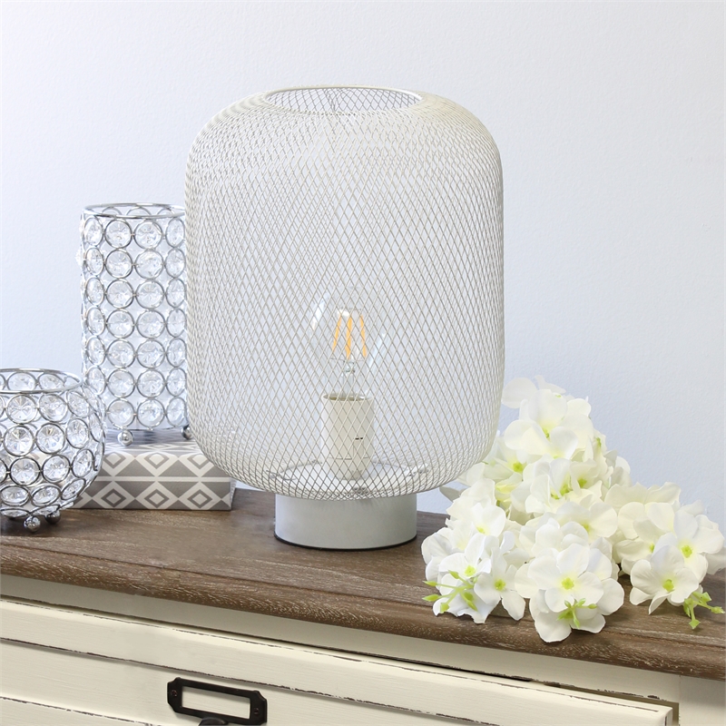 Simple Designs Metal Mesh Industrial Table Lamp in White