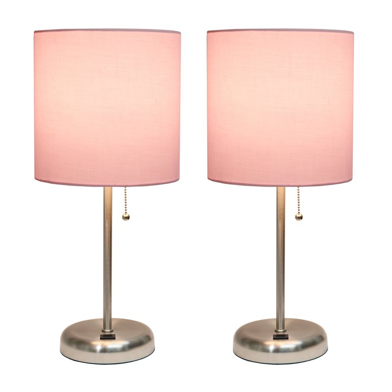 LimeLights Silver Metal Stick Lamp w/ USB Port 2 Pack with Light Pink Shade