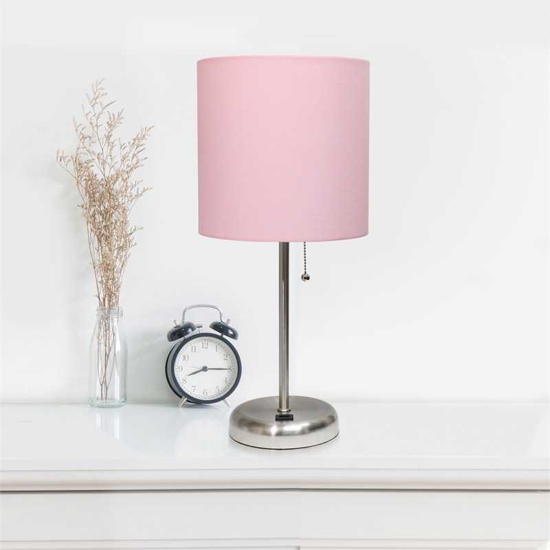 LimeLights Silver Metal Stick Lamp w/ USB Port 2 Pack with Light Pink Shade