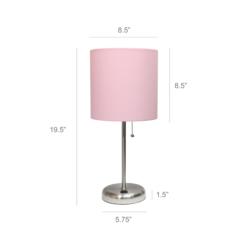 LimeLights Silver Metal Stick Lamp w/ USB Port 2 Pack with Light Pink Shade