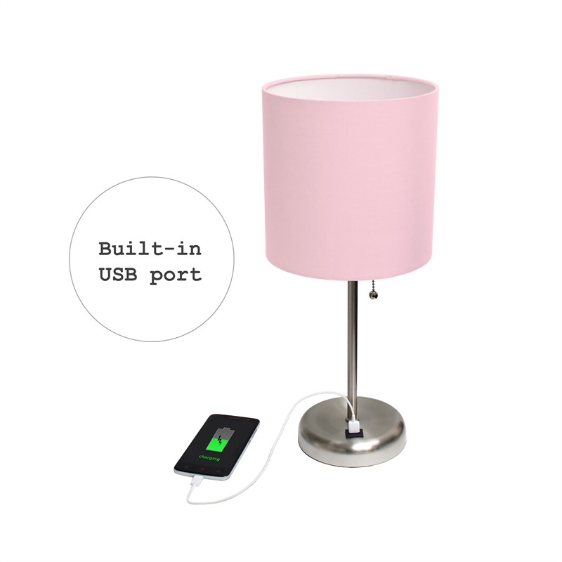 LimeLights Silver Metal Stick Lamp w/ USB Port 2 Pack with Light Pink Shade