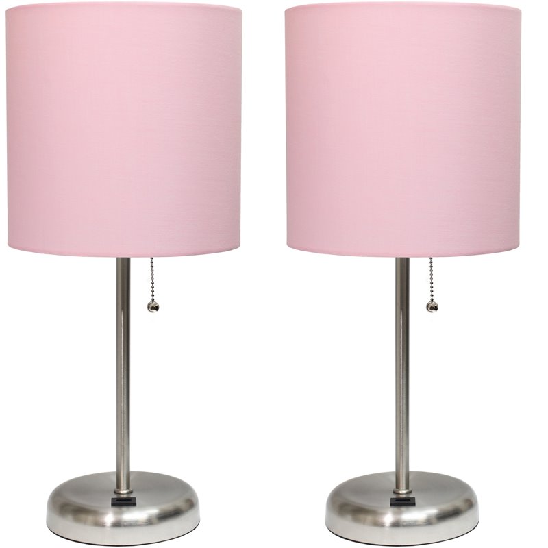 LimeLights Silver Metal Stick Lamp w/ USB Port 2 Pack with Light Pink Shade