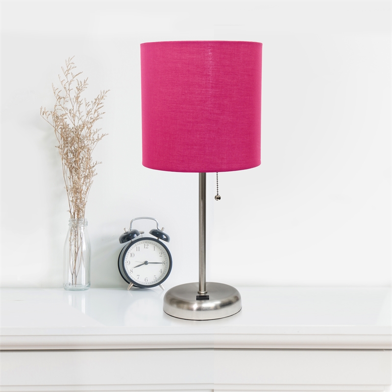 LimeLights Silver Metal Stick Lamp w/ USB Port 2 Pack with Pink Shade