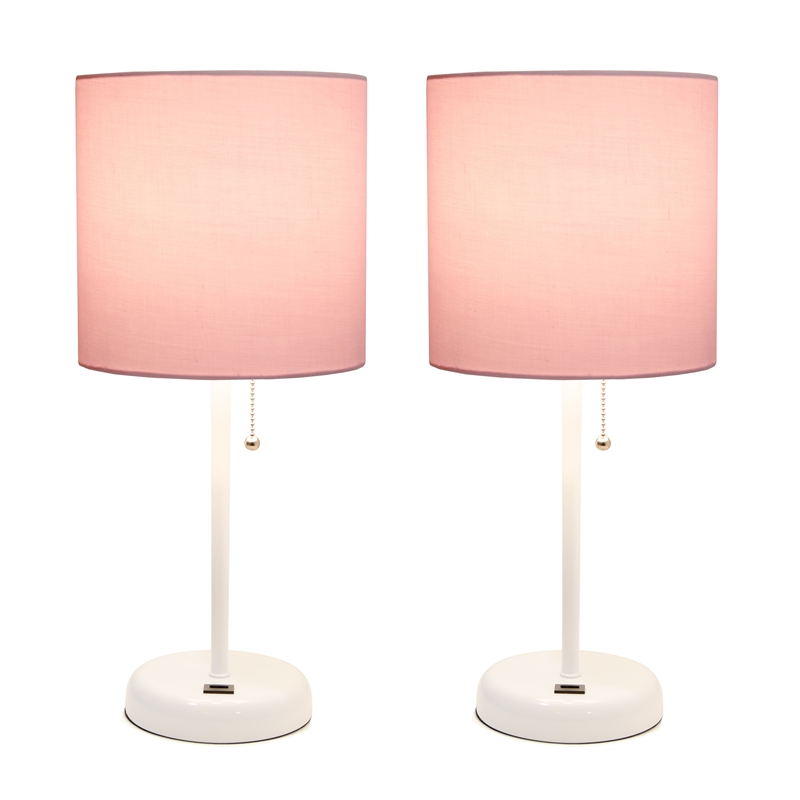 LimeLights Metal Stick Lamp w/ USB Port 2 Pack in White with Light Pink Shade