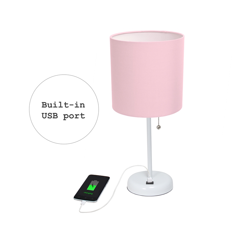LimeLights Metal Stick Lamp w/ USB Port 2 Pack in White with Light Pink Shade