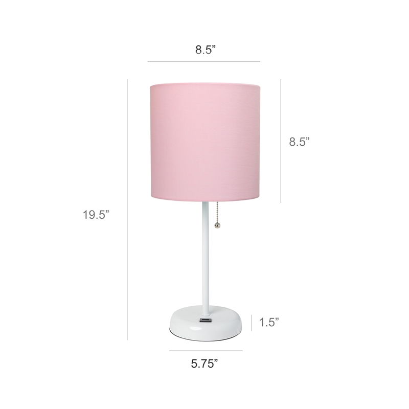 LimeLights Metal Stick Lamp w/ USB Port 2 Pack in White with Light Pink Shade