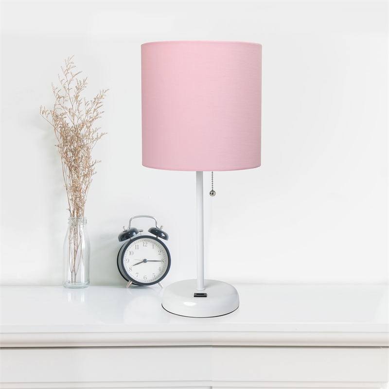 LimeLights Metal Stick Lamp w/ USB Port 2 Pack in White with Light Pink Shade
