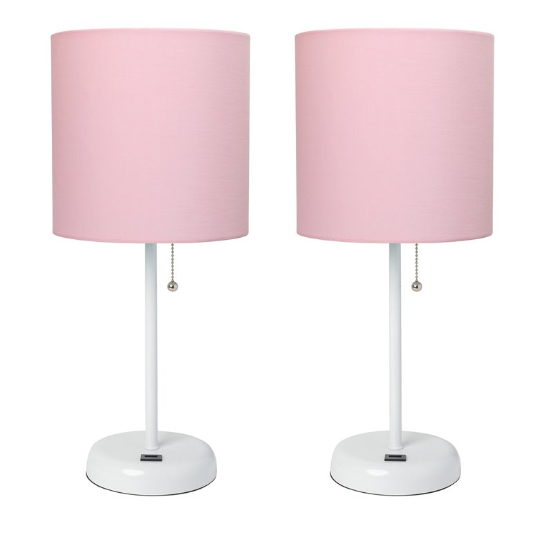 LimeLights Metal Stick Lamp w/ USB Port 2 Pack in White with Light Pink Shade