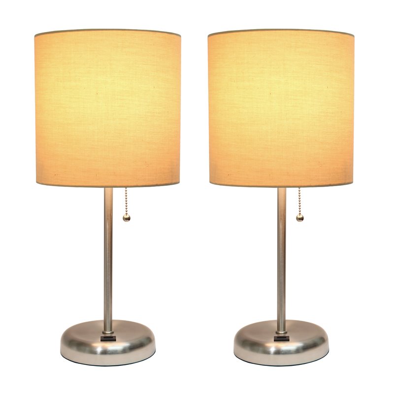 LimeLights Silver Metal Stick Lamp w/ USB Port 2 Pack with Tan Shade