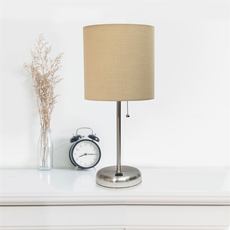 LimeLights Silver Metal Stick Lamp w/ USB Port 2 Pack with Tan Shade
