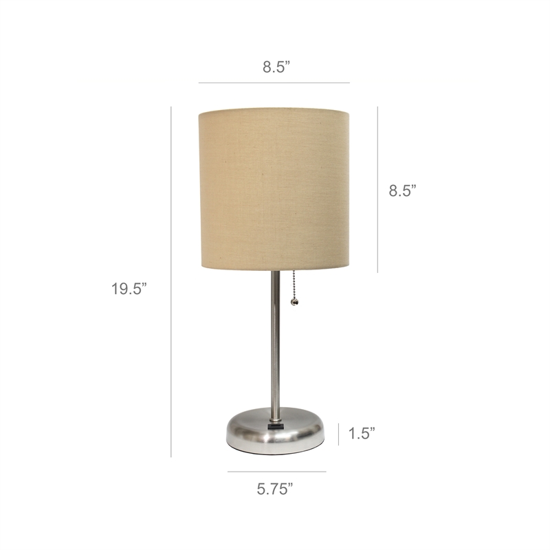 LimeLights Silver Metal Stick Lamp w/ USB Port 2 Pack with Tan Shade