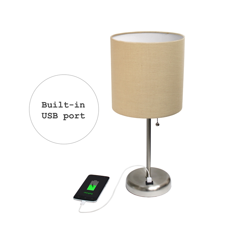 LimeLights Silver Metal Stick Lamp w/ USB Port 2 Pack with Tan Shade