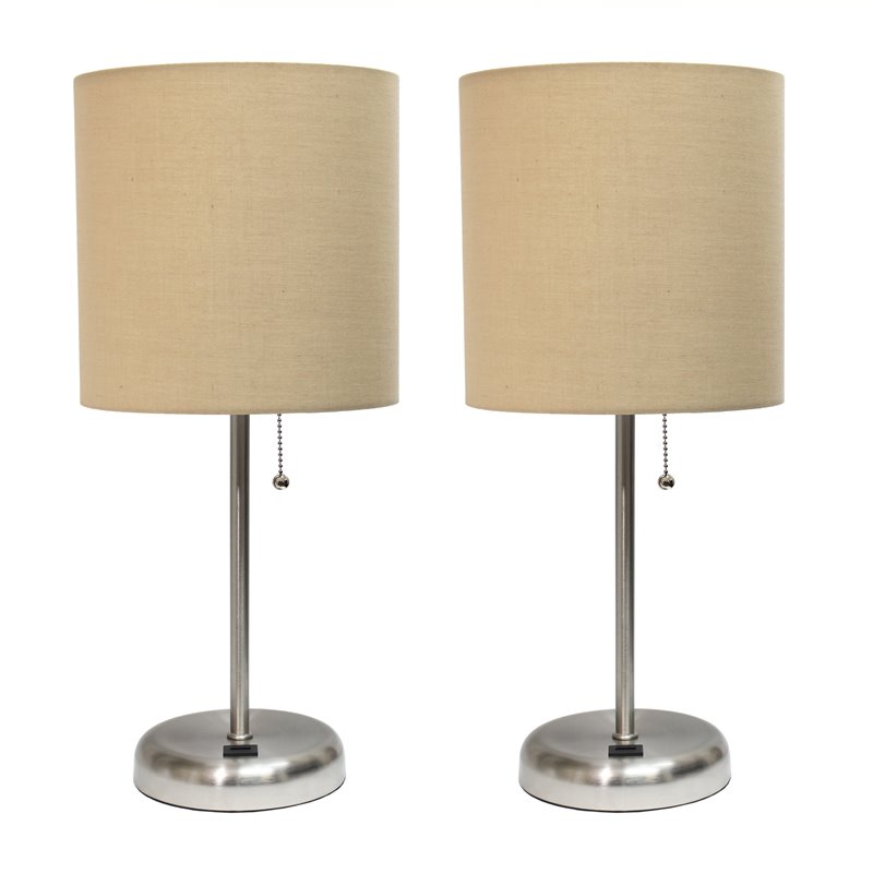 LimeLights Silver Metal Stick Lamp w/ USB Port 2 Pack with Tan Shade