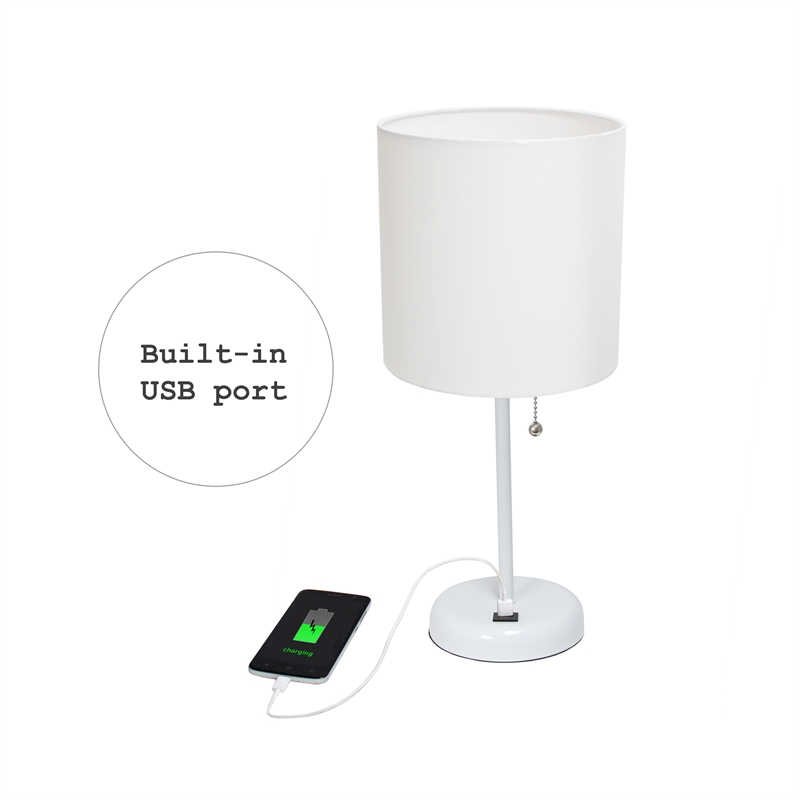 LimeLights Metal Stick Lamp w/ USB Port 2 Pack in White with White Shade