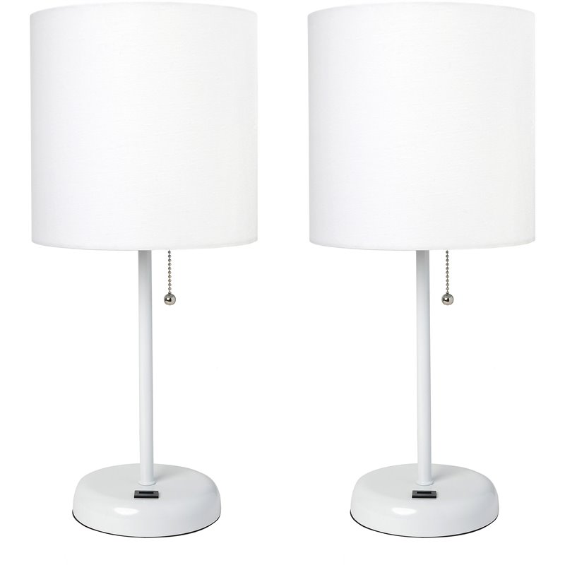 LimeLights Metal Stick Lamp w/ USB Port 2 Pack in White with White Shade