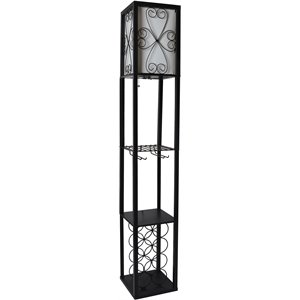 Simple Designs Wood Etagere Floor Lamp w/ Wine Rack in Black with Cream Shade