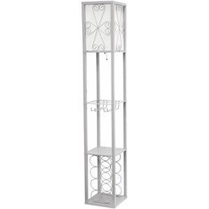 Simple Designs Wood Etagere Floor Lamp w/ Wine Rack in Gray with Cream Shade