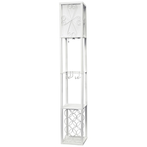 Simple Designs Wood Etagere Floor Lamp w/ Wine Rack in White with Cream Shade