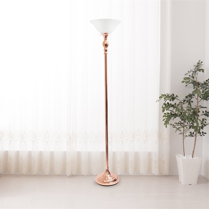 Elegant Designs Metal 1 Light Torchiere Floor Lamp in Rose Gold with White Shade