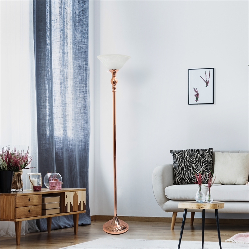 Elegant Designs Metal 1 Light Torchiere Floor Lamp in Rose Gold with White Shade