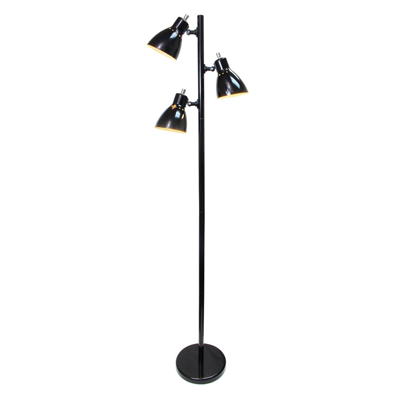 Simple Designs Metal 3 Light Tree Floor Lamp in Black with Black Shades