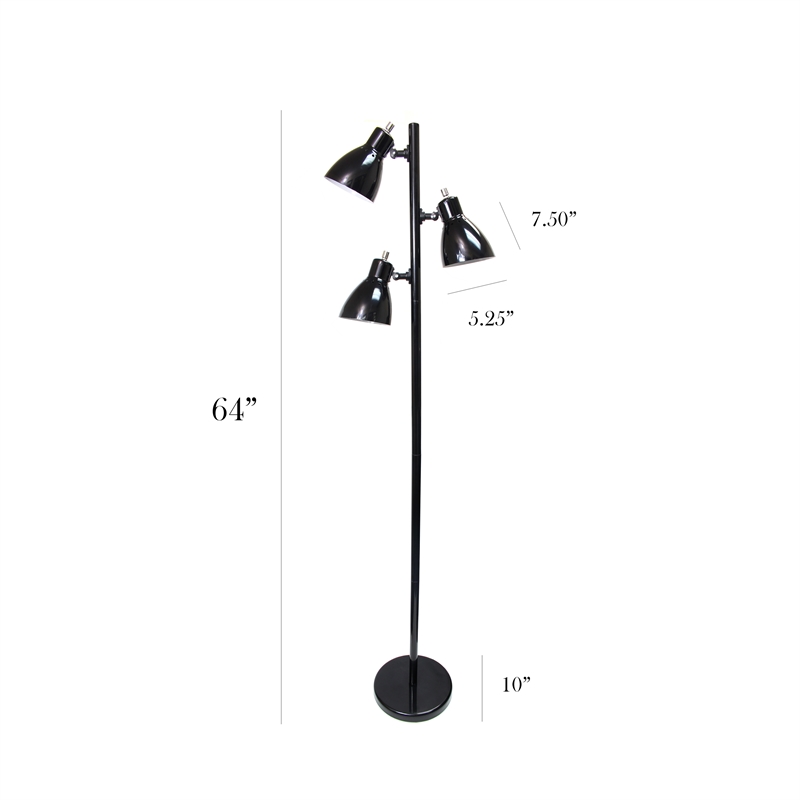 Simple Designs Metal 3 Light Tree Floor Lamp in Black with Black Shades