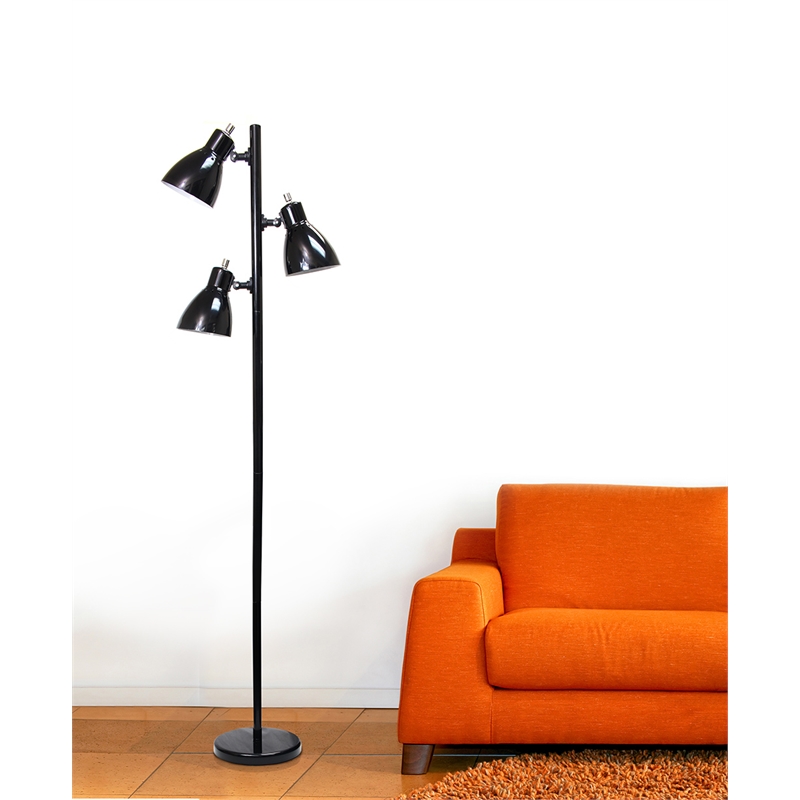 Simple Designs Metal 3 Light Tree Floor Lamp in Black with Black Shades