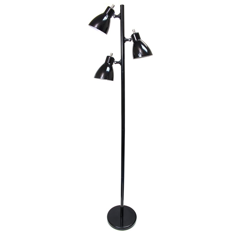 Simple Designs Metal 3 Light Tree Floor Lamp in Black with Black Shades