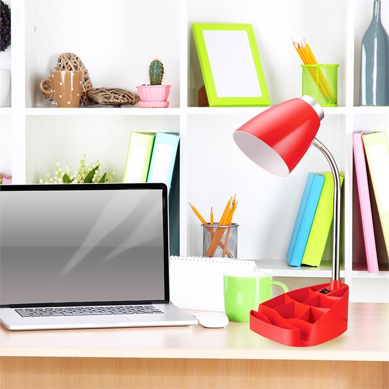Elegant Designs Gooseneck Organizer Desk Lamp in Red with Red Shade
