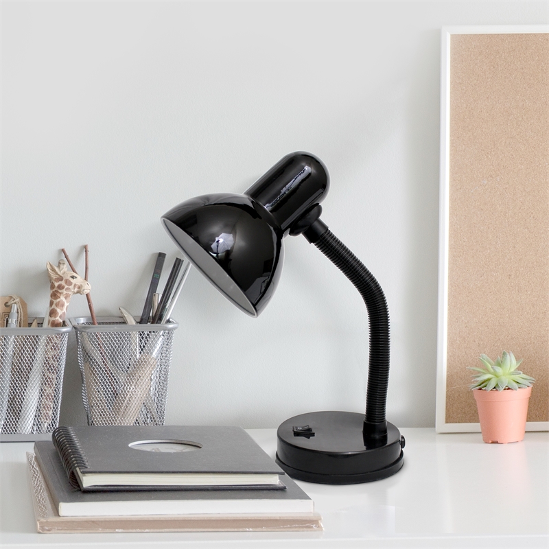 Simple Designs Metal Basic Flexible Neck Desk Lamp in Black with Black Shade