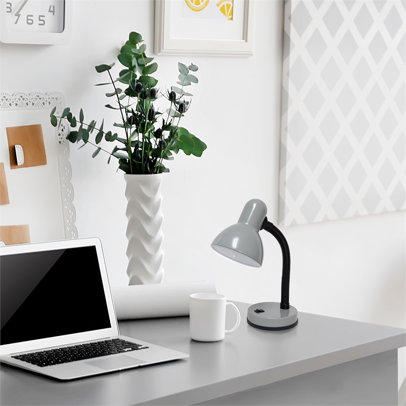 Simple Designs Metal Basic Flexible Neck Desk Lamp in Silver with Silver Shade