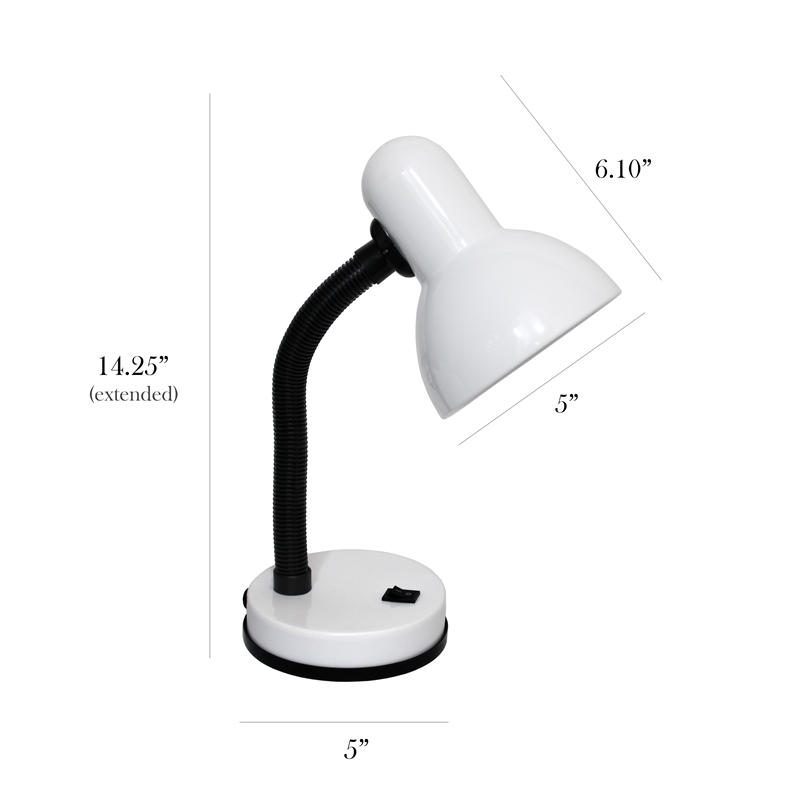 Simple Designs Metal Basic Flexible Neck Desk Lamp in White with White Shade