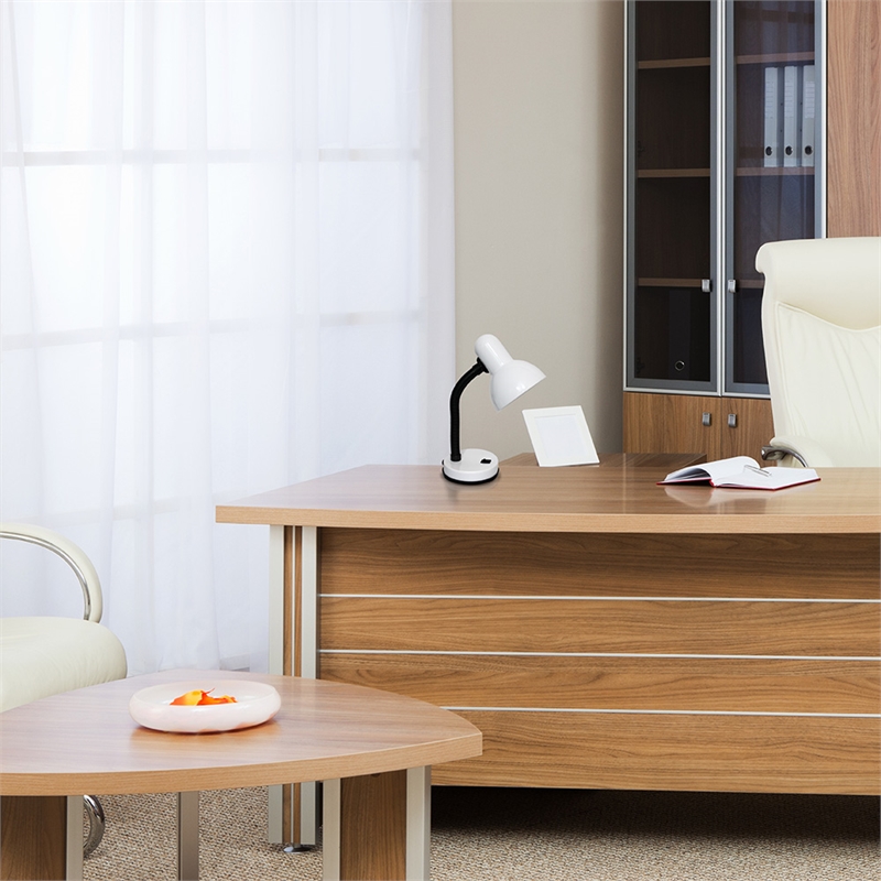 Simple Designs Metal Basic Flexible Neck Desk Lamp in White with White Shade