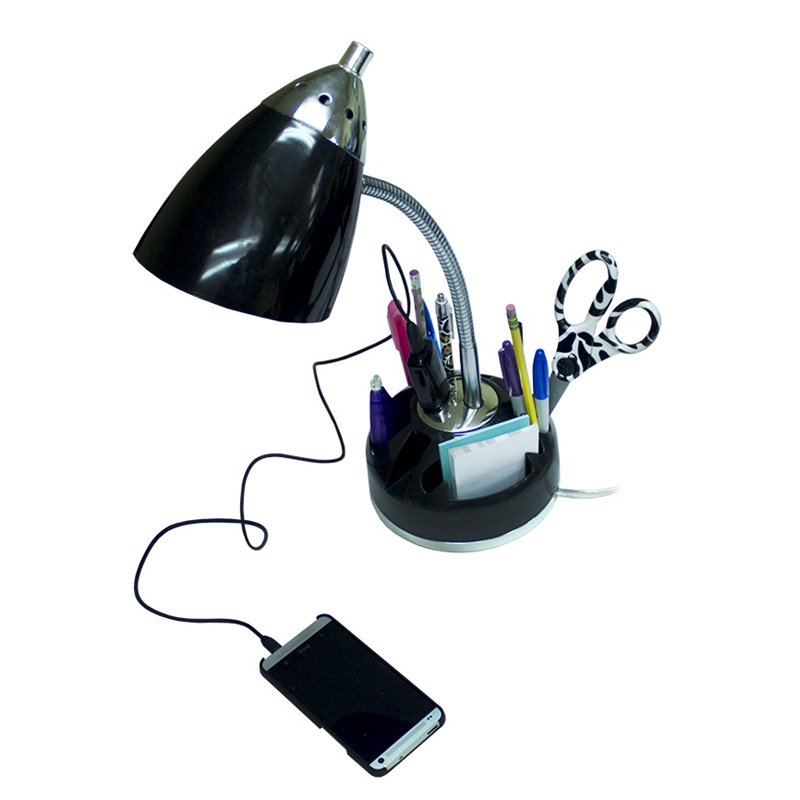 LimeLights Plastic Flossy Organizer Desk Lamp w/ Power Outlet in Black
