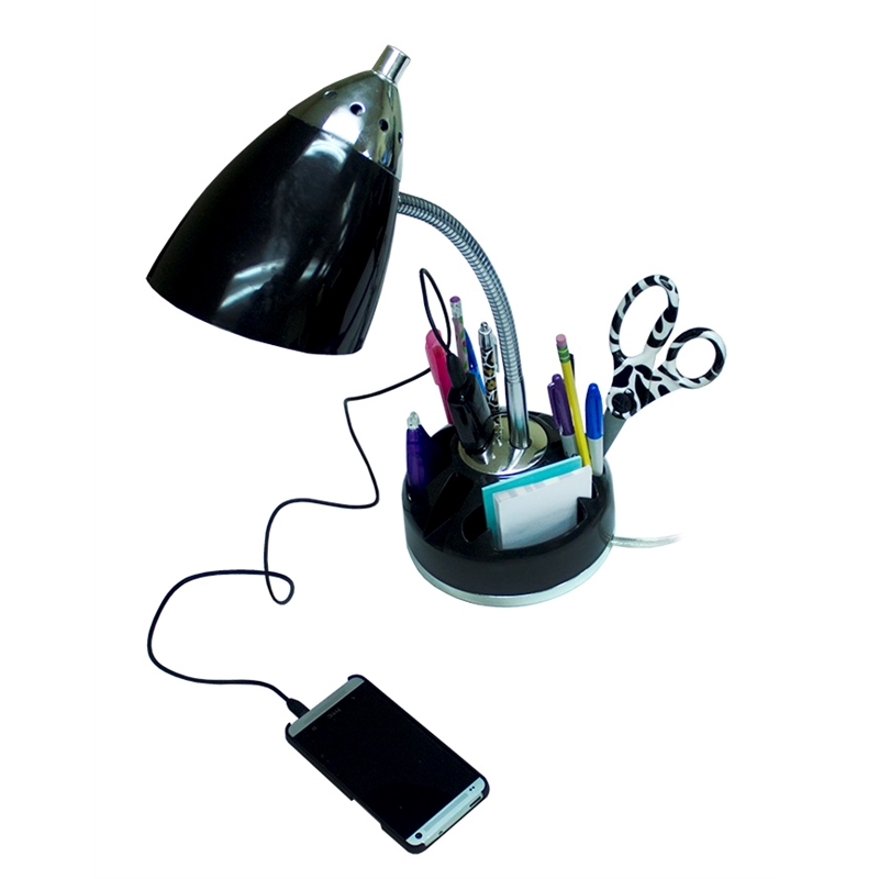 LimeLights Plastic Flossy Organizer Desk Lamp w/ Power Outlet in Black
