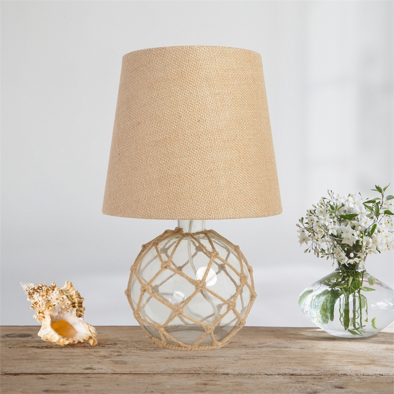 Elegant Designs Glass Ruoy Rope Netted Table Lamp in Clear with Burlap Shade
