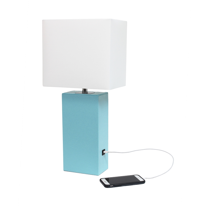 Elegant Designs Leather Table Lamp w/ USB Port in Aqua Blue with White Shade