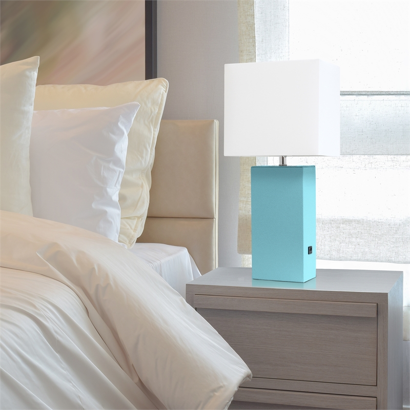 Elegant Designs Leather Table Lamp w/ USB Port in Aqua Blue with White Shade