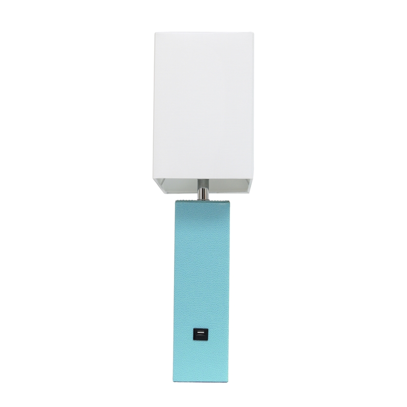 Elegant Designs Leather Table Lamp w/ USB Port in Aqua Blue with White Shade
