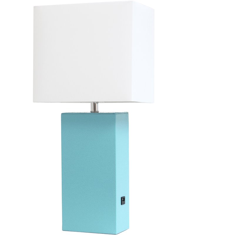 Elegant Designs Leather Table Lamp w/ USB Port in Aqua Blue with White Shade