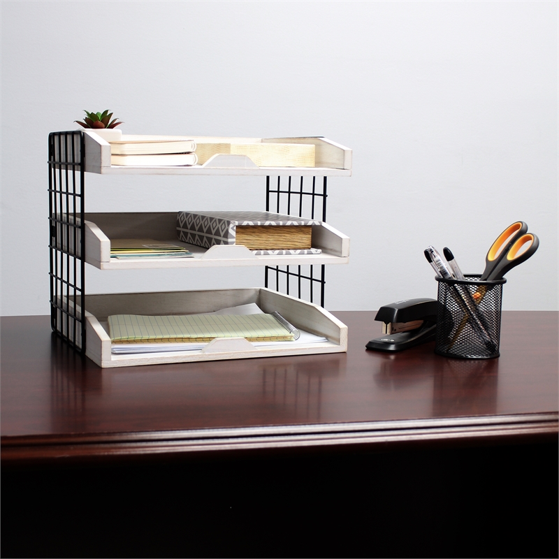 Elegant Designs Home Office Wood Desk Organizer Mail Letter Tray White Wash
