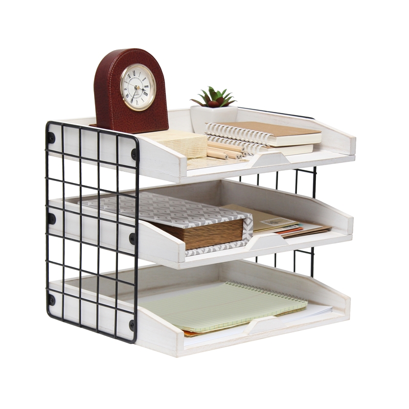 Elegant Designs Home Office Wood Desk Organizer Mail Letter Tray White Wash