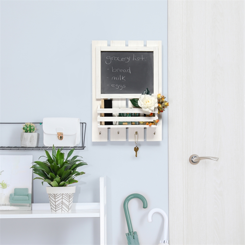 Elegant Designs Chalkboard Sign with Key Holder Hooks White Wash